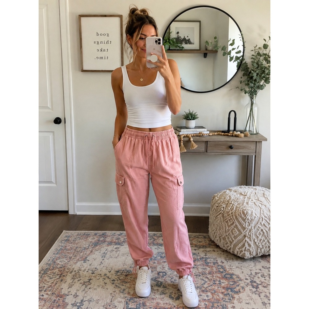Time and Tru Pink Cargo Jogger Pants Women Large 12-14 Drawstring Utility Twill